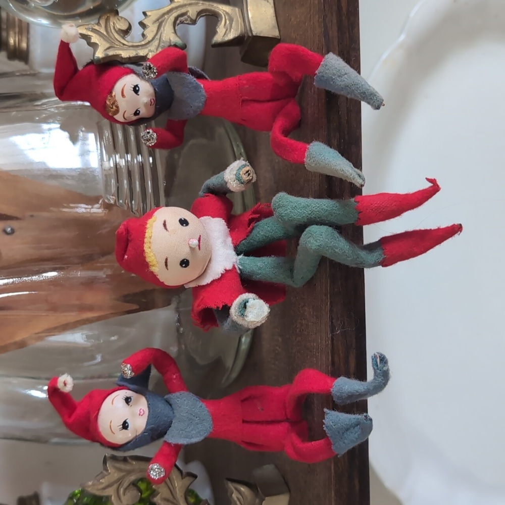 Vintage Felt Pixie Elves Shelf Sitter Christmas Decor Set of 3 Elf Aposable MCM